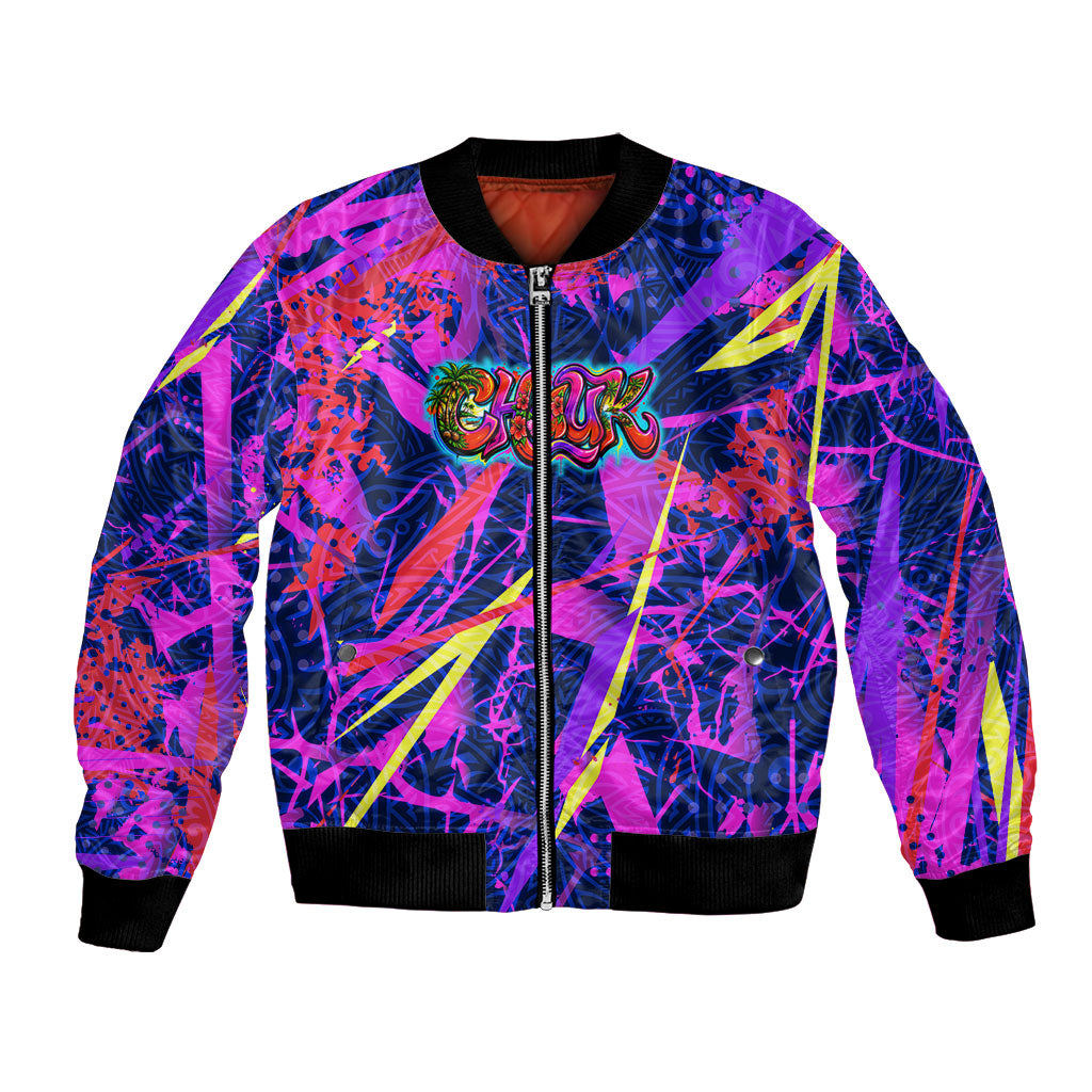 Chuuk Tropical Sunset Coordinates Bomber Jacket Neon Graffiti Polynesian Tribal TS04 Unisex Purple Pink - Polynesian Pride