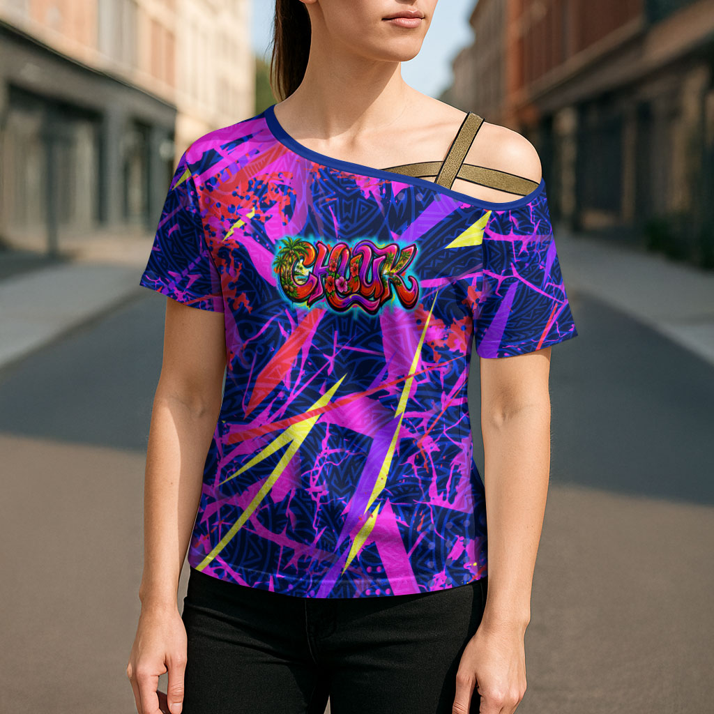 Chuuk Tropical Sunset Coordinates Cross Shoulder Shirt Neon Graffiti Polynesian Tribal TS04 - Polynesian Pride