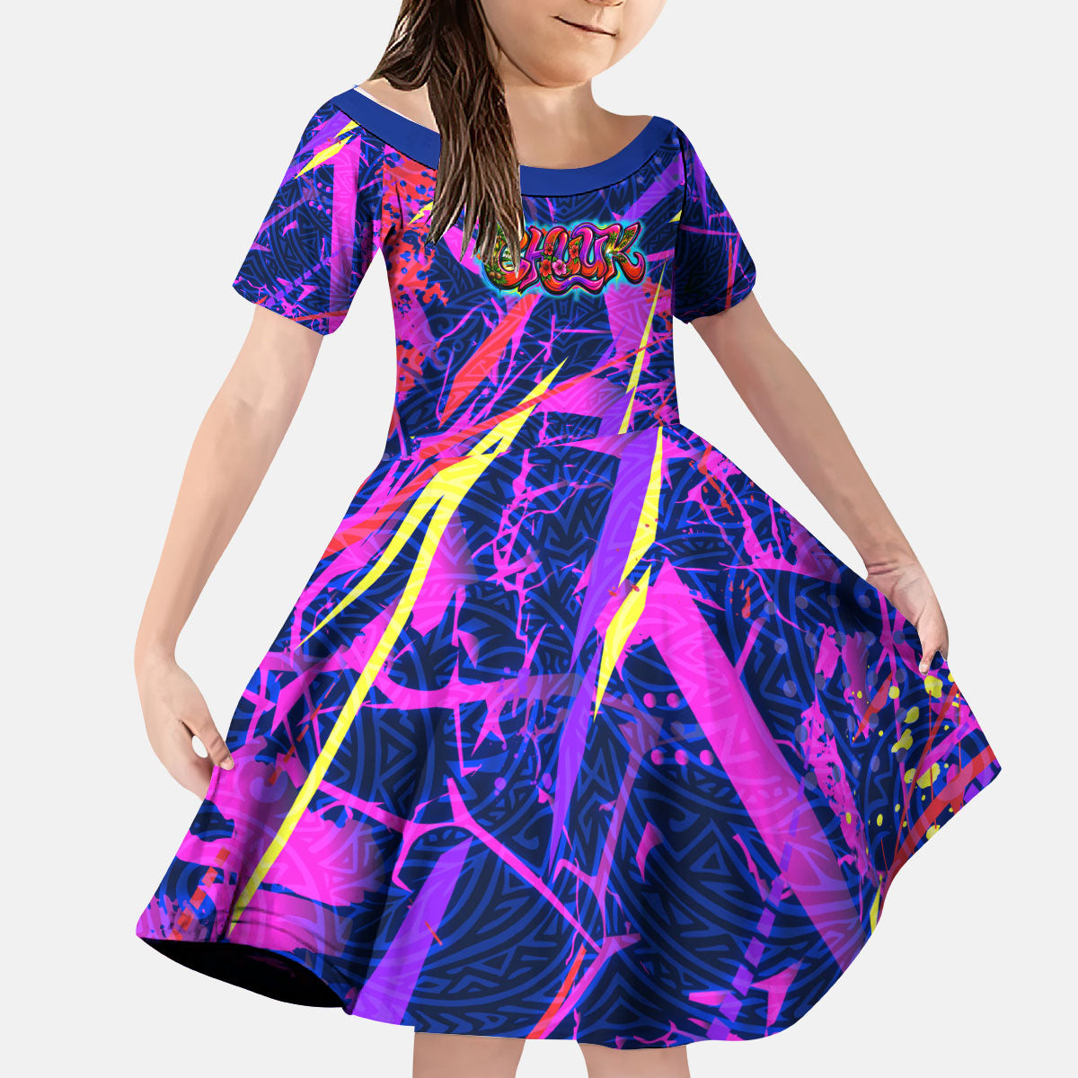 Chuuk Tropical Sunset Coordinates Kid Short Sleeve Dress Neon Graffiti Polynesian Tribal TS04 KID Purple Pink - Polynesian Pride
