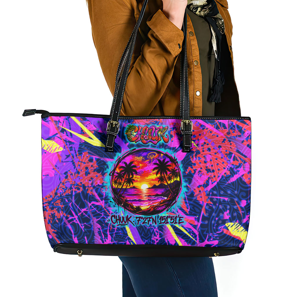 Chuuk Tropical Sunset Coordinates Leather Tote Bag Neon Graffiti Polynesian Tribal TS04 - Polynesian Pride