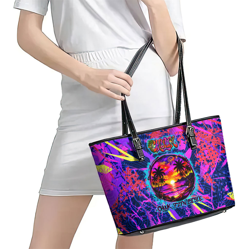 Chuuk Tropical Sunset Coordinates Leather Tote Bag Neon Graffiti Polynesian Tribal TS04 - Polynesian Pride