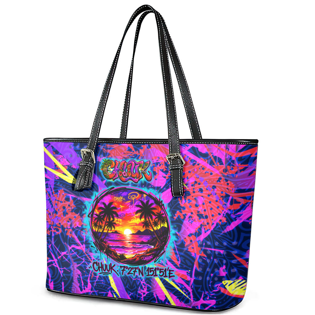 Chuuk Tropical Sunset Coordinates Leather Tote Bag Neon Graffiti Polynesian Tribal TS04 - Polynesian Pride
