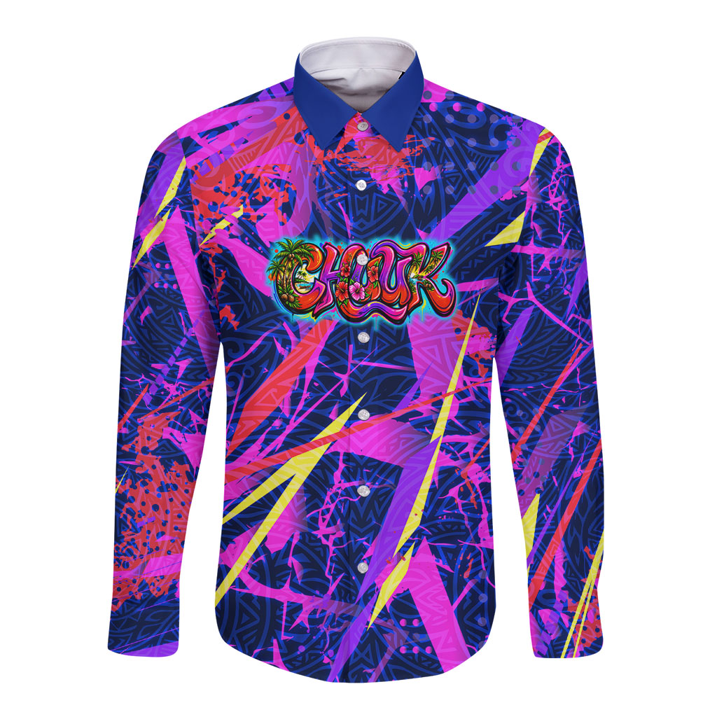 Chuuk Tropical Sunset Coordinates Long Sleeve Button Shirt Neon Graffiti Polynesian Tribal TS04 Unisex Purple Pink - Polynesian Pride
