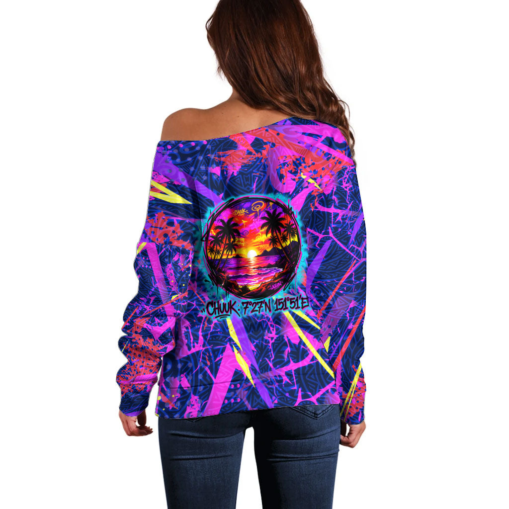 Chuuk Tropical Sunset Coordinates Off Shoulder Sweater Neon Graffiti Polynesian Tribal TS04 - Polynesian Pride
