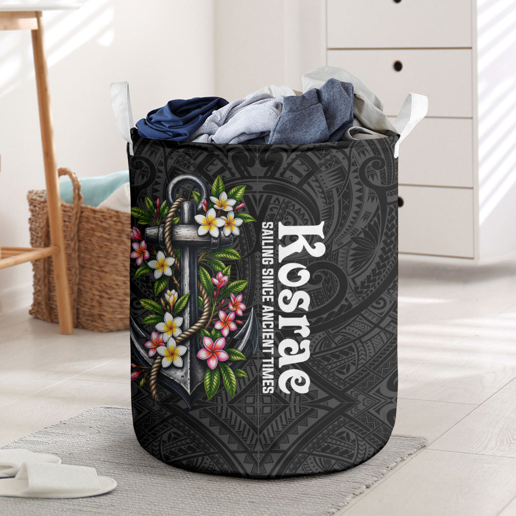 Kosrae Nautical Heritage Laundry Basket Polynesian Tribal Anchor With Plumeria Tropical Art TS04 Black Grey - Polynesian Pride
