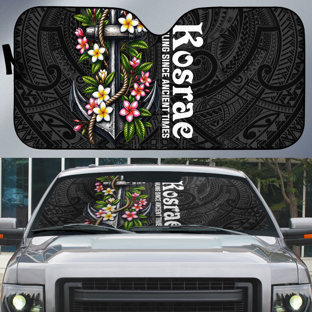 Kosrae Nautical Heritage Auto Sun Shade Polynesian Tribal Anchor With Plumeria Tropical Art TS04 Black Grey - Polynesian Pride