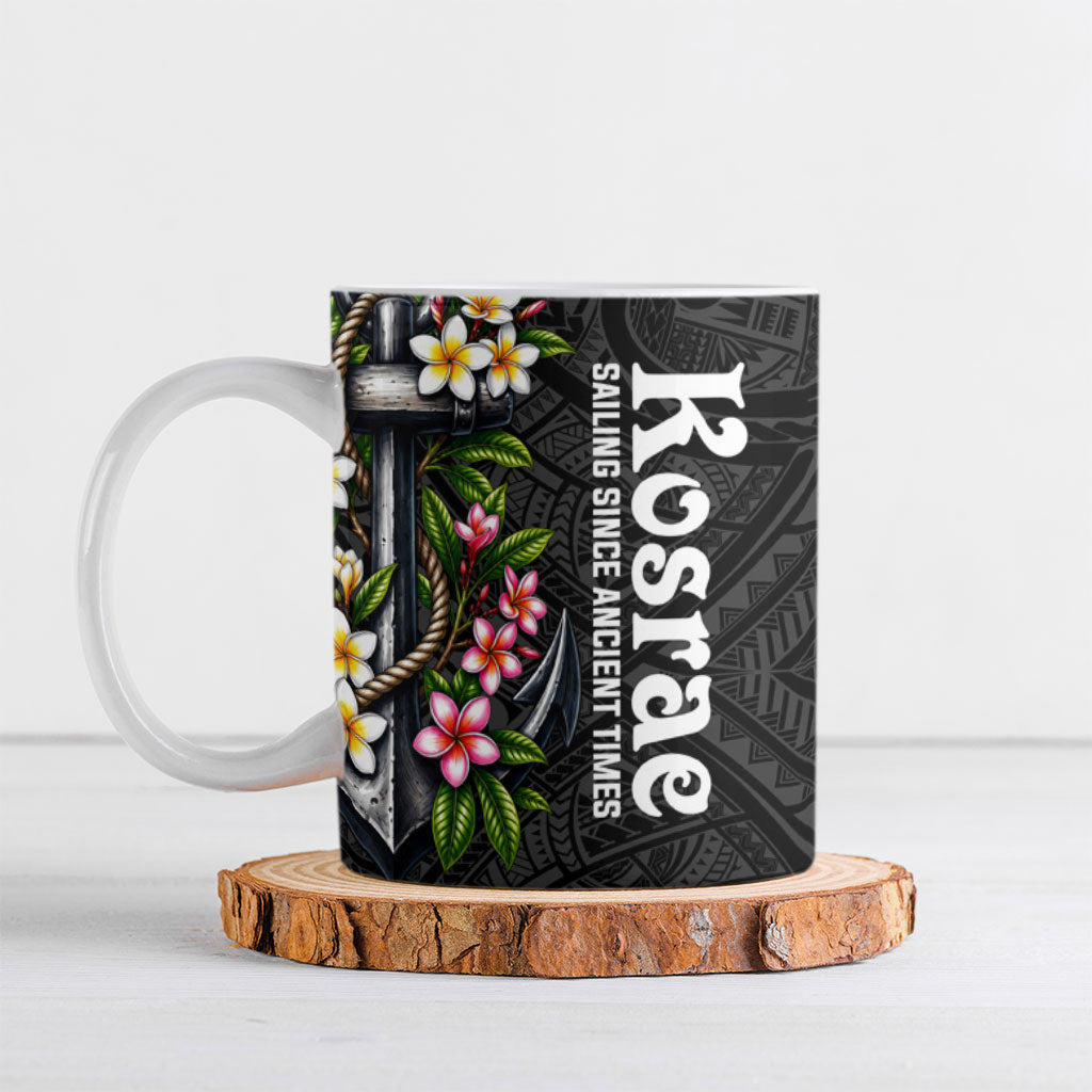Kosrae Nautical Heritage Ceramic Mug Polynesian Tribal Anchor With Plumeria Tropical Art TS04 Black Grey - Polynesian Pride