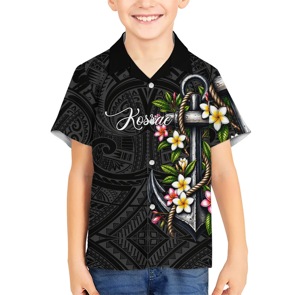 Kosrae Nautical Heritage Kid Hawaiian Shirt Polynesian Tribal Anchor With Plumeria Tropical Art TS04 Kid Black Grey - Polynesian Pride