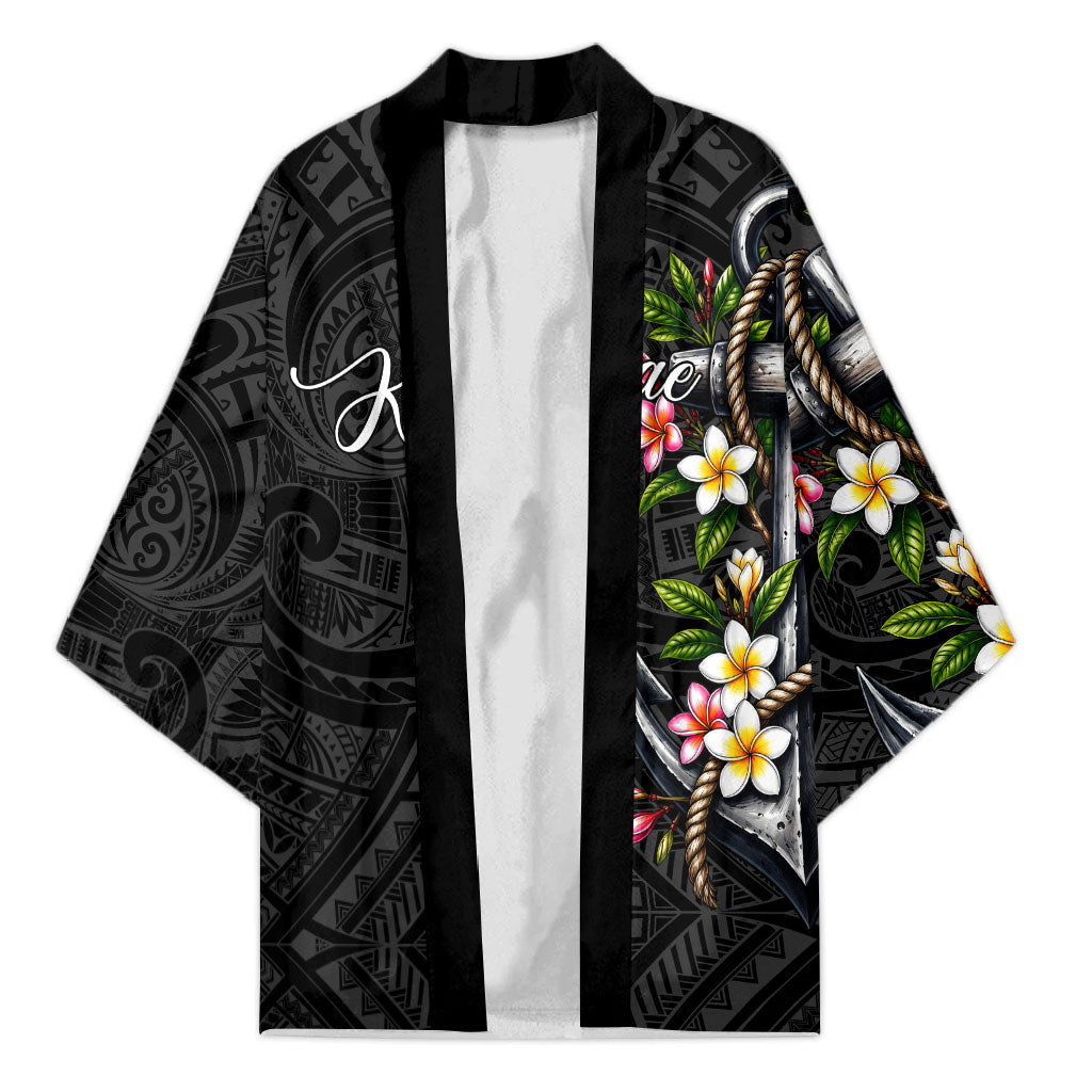 Kosrae Nautical Heritage Kimono Polynesian Tribal Anchor With Plumeria Tropical Art TS04 Unisex Black Grey - Polynesian Pride