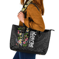 Kosrae Nautical Heritage Leather Tote Bag Polynesian Tribal Anchor With Plumeria Tropical Art TS04 Black Grey - Polynesian Pride