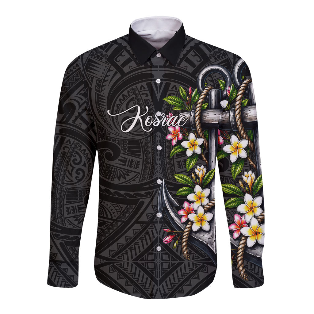 Kosrae Nautical Heritage Long Sleeve Button Shirt Polynesian Tribal Anchor With Plumeria Tropical Art TS04 Unisex Black Grey - Polynesian Pride
