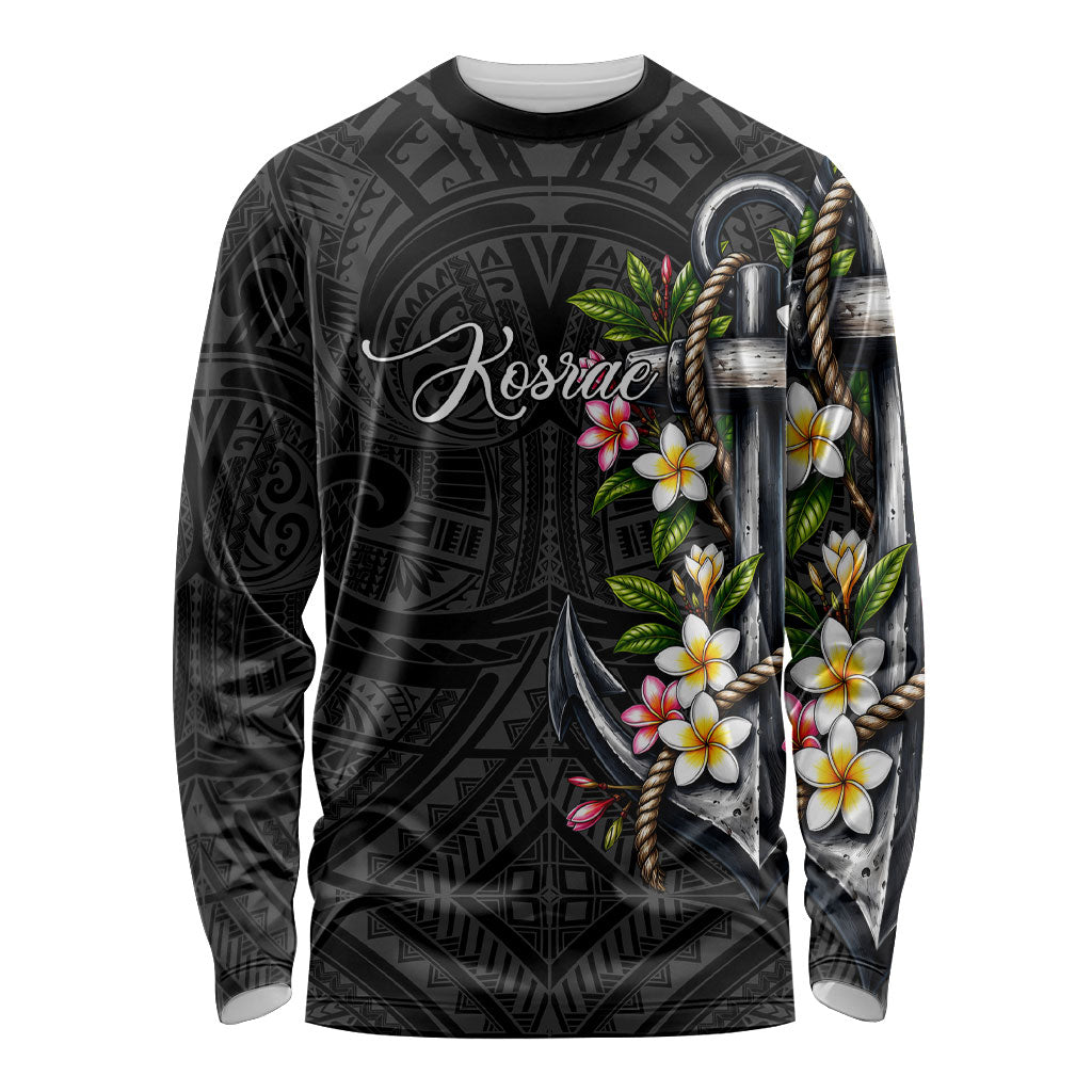 Kosrae Nautical Heritage Long Sleeve Shirt Polynesian Tribal Anchor With Plumeria Tropical Art TS04 Unisex Black Grey - Polynesian Pride