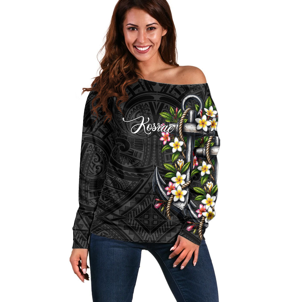 Kosrae Nautical Heritage Off Shoulder Sweater Polynesian Tribal Anchor With Plumeria Tropical Art TS04 Women Black Grey - Polynesian Pride
