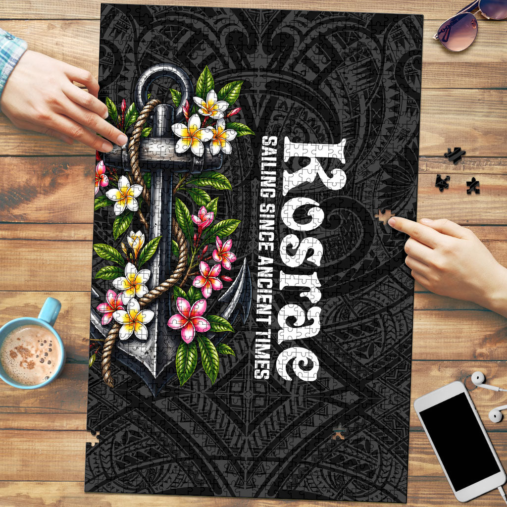Kosrae Nautical Heritage Puzzle Polynesian Tribal Anchor With Plumeria Tropical Art TS04 Black Grey - Polynesian Pride