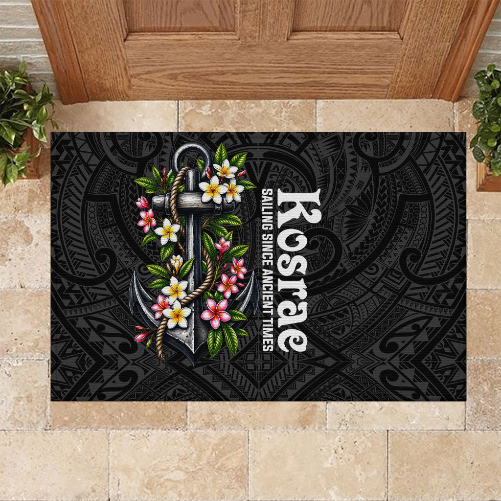 Kosrae Nautical Heritage Rubber Doormat Polynesian Tribal Anchor With Plumeria Tropical Art TS04 Black Grey - Polynesian Pride