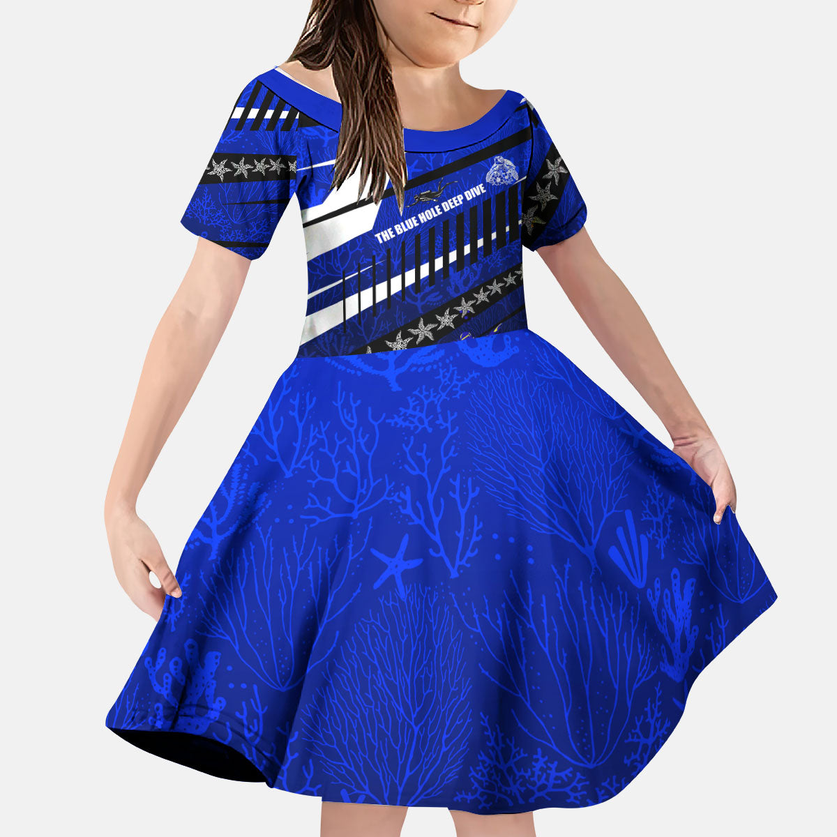 Kosrae Deep Sea Scuba Diving Kid Short Sleeve Dress Blue Hole Beneath The Surface Coral Reef Graphic Art TS04 KID Blue Black - Polynesian Pride
