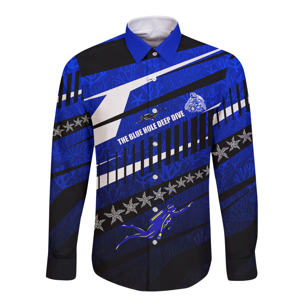 Kosrae Deep Sea Scuba Diving Long Sleeve Button Shirt Blue Hole Beneath The Surface Coral Reef Graphic Art TS04 Unisex Blue Black - Polynesian Pride