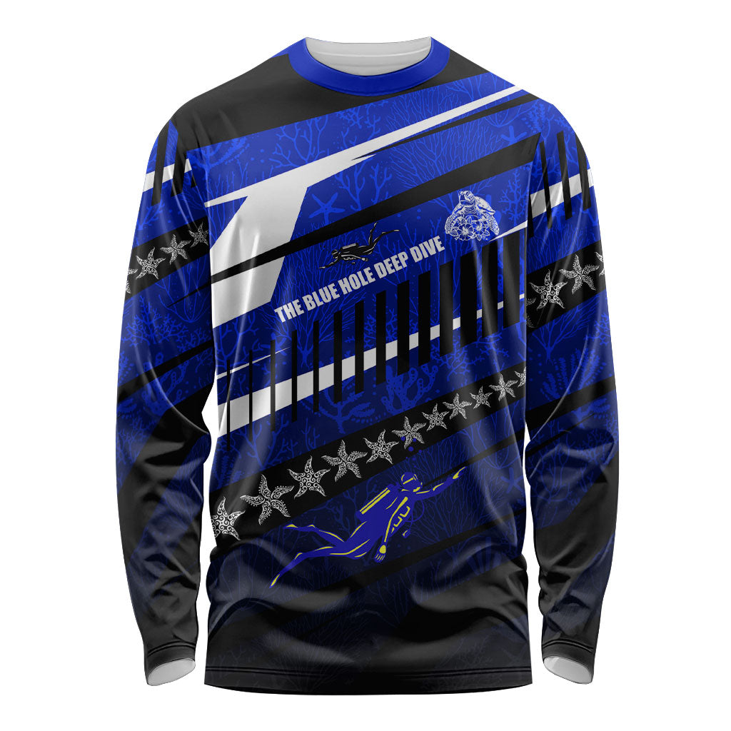 Kosrae Deep Sea Scuba Diving Long Sleeve Shirt Blue Hole Beneath The Surface Coral Reef Graphic Art TS04 Unisex Blue Black - Polynesian Pride