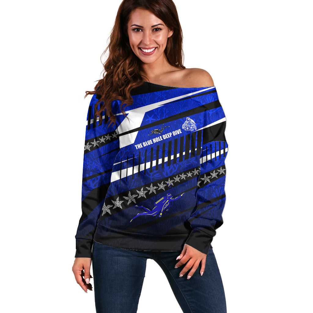 Kosrae Deep Sea Scuba Diving Off Shoulder Sweater Blue Hole Beneath The Surface Coral Reef Graphic Art TS04 Women Blue Black - Polynesian Pride
