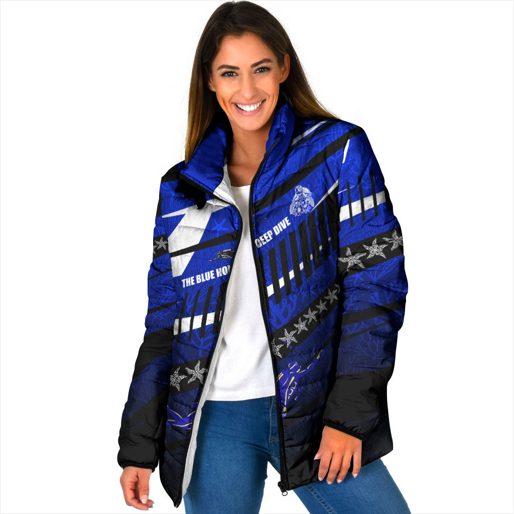 Kosrae Deep Sea Scuba Diving Padded Jacket Blue Hole Beneath The Surface Coral Reef Graphic Art TS04 Women Blue Black - Polynesian Pride