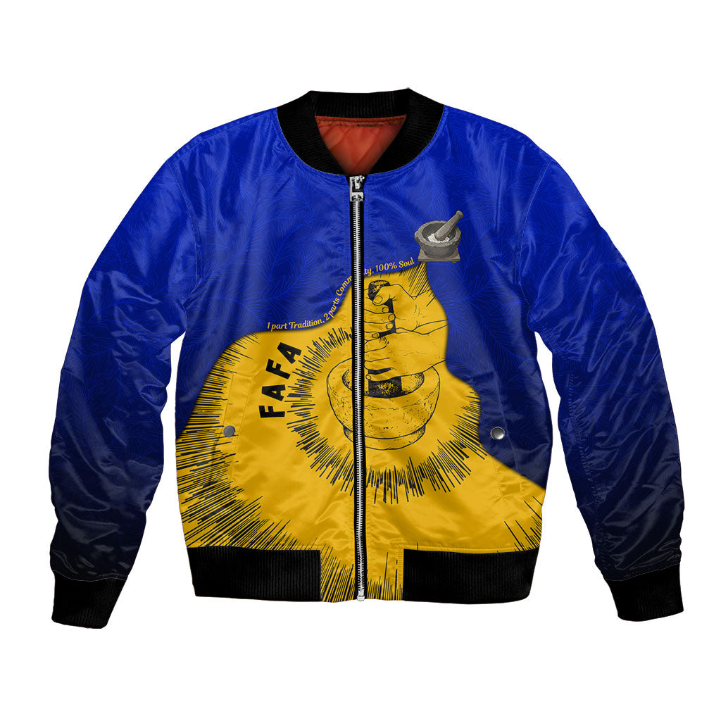 Kosrae Fafa Culinary Heritage Bomber Jacket Kosraean Gold Taro Tradition Illustration With Coconut Leaves TS04 Unisex Blue Yellow - Polynesian Pride