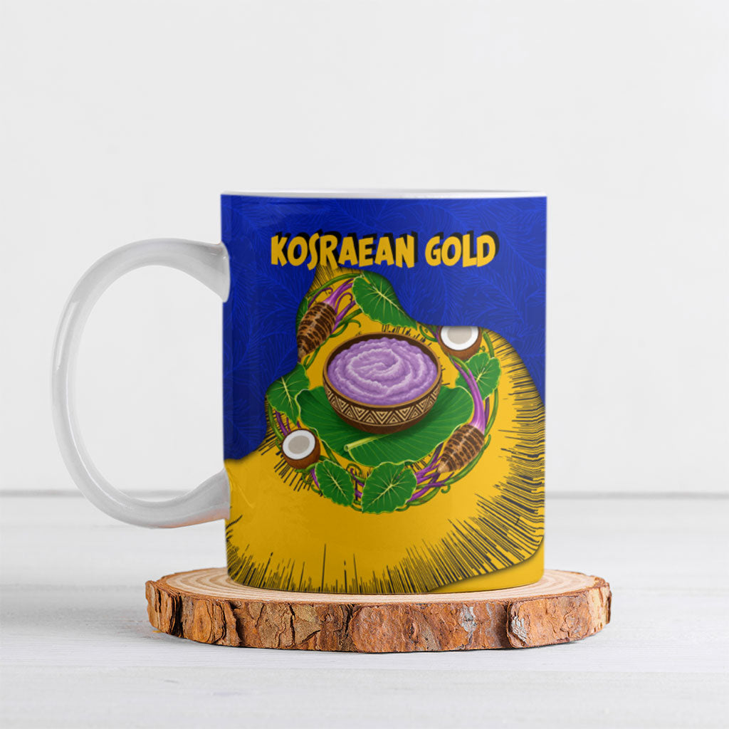 Kosrae Fafa Culinary Heritage Ceramic Mug Kosraean Gold Taro Tradition Illustration With Coconut Leaves TS04 Blue Yellow - Polynesian Pride
