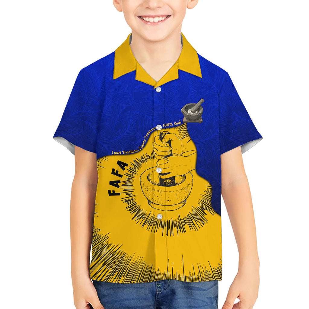 Kosrae Fafa Culinary Heritage Kid Hawaiian Shirt Kosraean Gold Taro Tradition Illustration With Coconut Leaves TS04 Kid Blue Yellow - Polynesian Pride