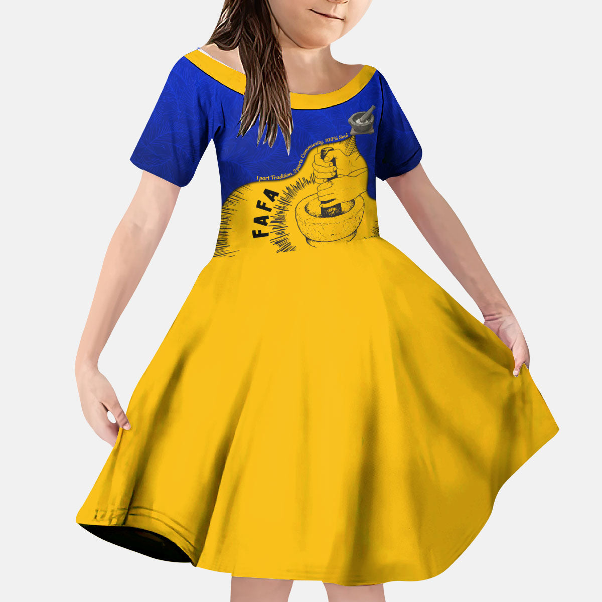 Kosrae Fafa Culinary Heritage Kid Short Sleeve Dress Kosraean Gold Taro Tradition Illustration With Coconut Leaves TS04 KID Blue Yellow - Polynesian Pride