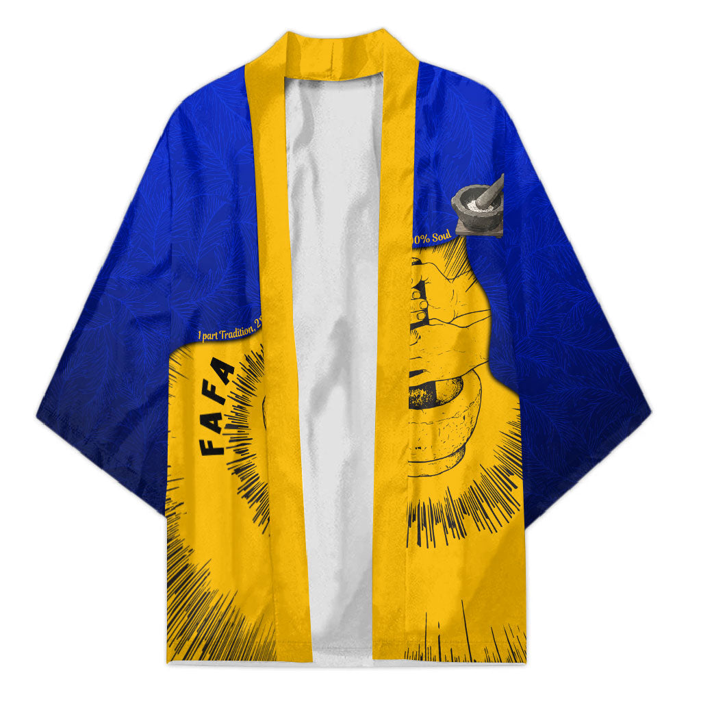 Kosrae Fafa Culinary Heritage Kimono Kosraean Gold Taro Tradition Illustration With Coconut Leaves TS04 Unisex Blue Yellow - Polynesian Pride