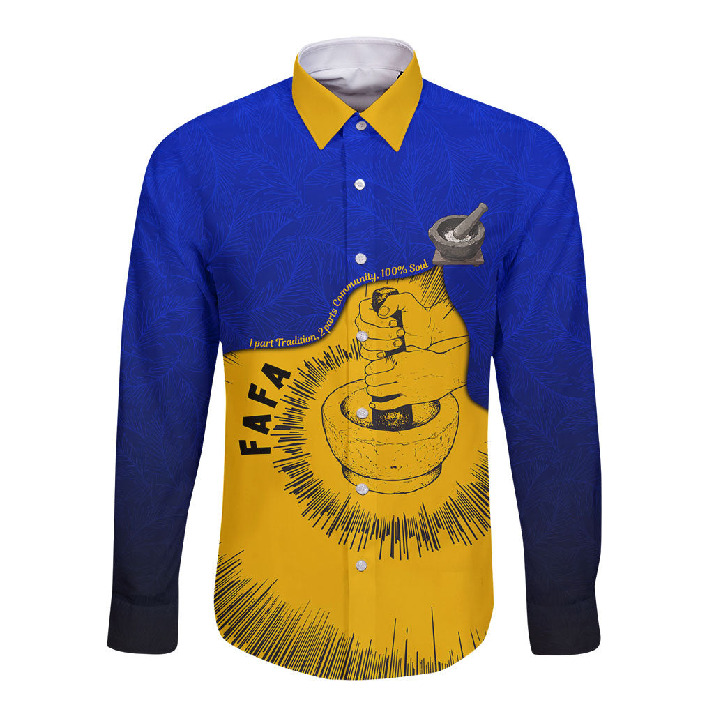 Kosrae Fafa Culinary Heritage Long Sleeve Button Shirt Kosraean Gold Taro Tradition Illustration With Coconut Leaves TS04 Unisex Blue Yellow - Polynesian Pride