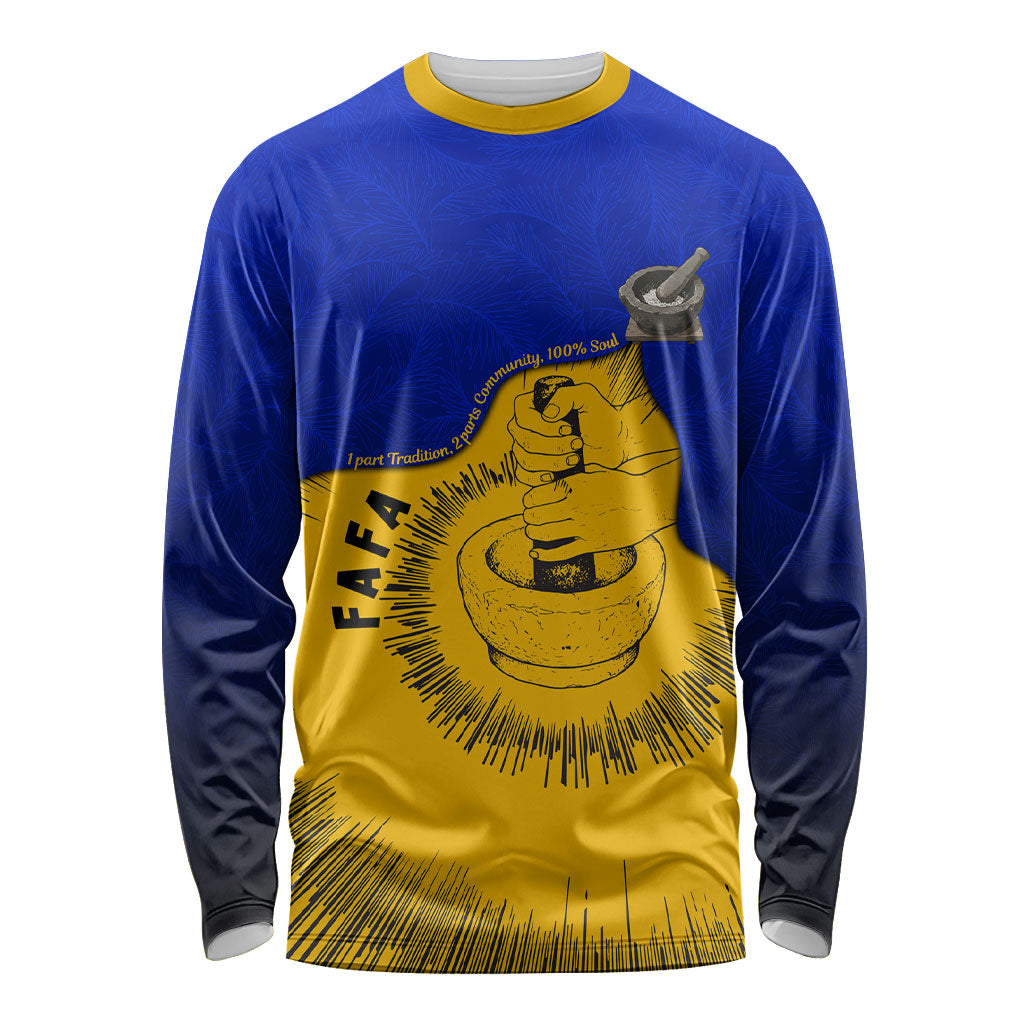 Kosrae Fafa Culinary Heritage Long Sleeve Shirt Kosraean Gold Taro Tradition Illustration With Coconut Leaves TS04 Unisex Blue Yellow - Polynesian Pride