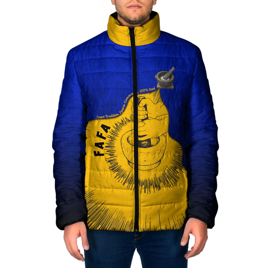 Kosrae Fafa Culinary Heritage Padded Jacket Kosraean Gold Taro Tradition Illustration With Coconut Leaves TS04 Men Blue Yellow - Polynesian Pride