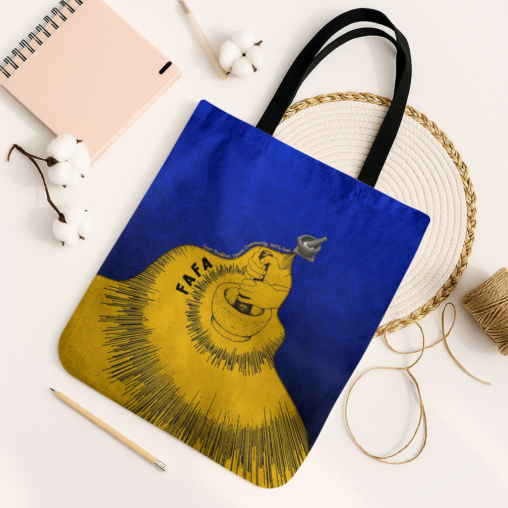 Kosrae Fafa Culinary Heritage Tote Bag Kosraean Gold Taro Tradition Illustration With Coconut Leaves TS04 Black Strap One Size Blue Yellow - Polynesian Pride