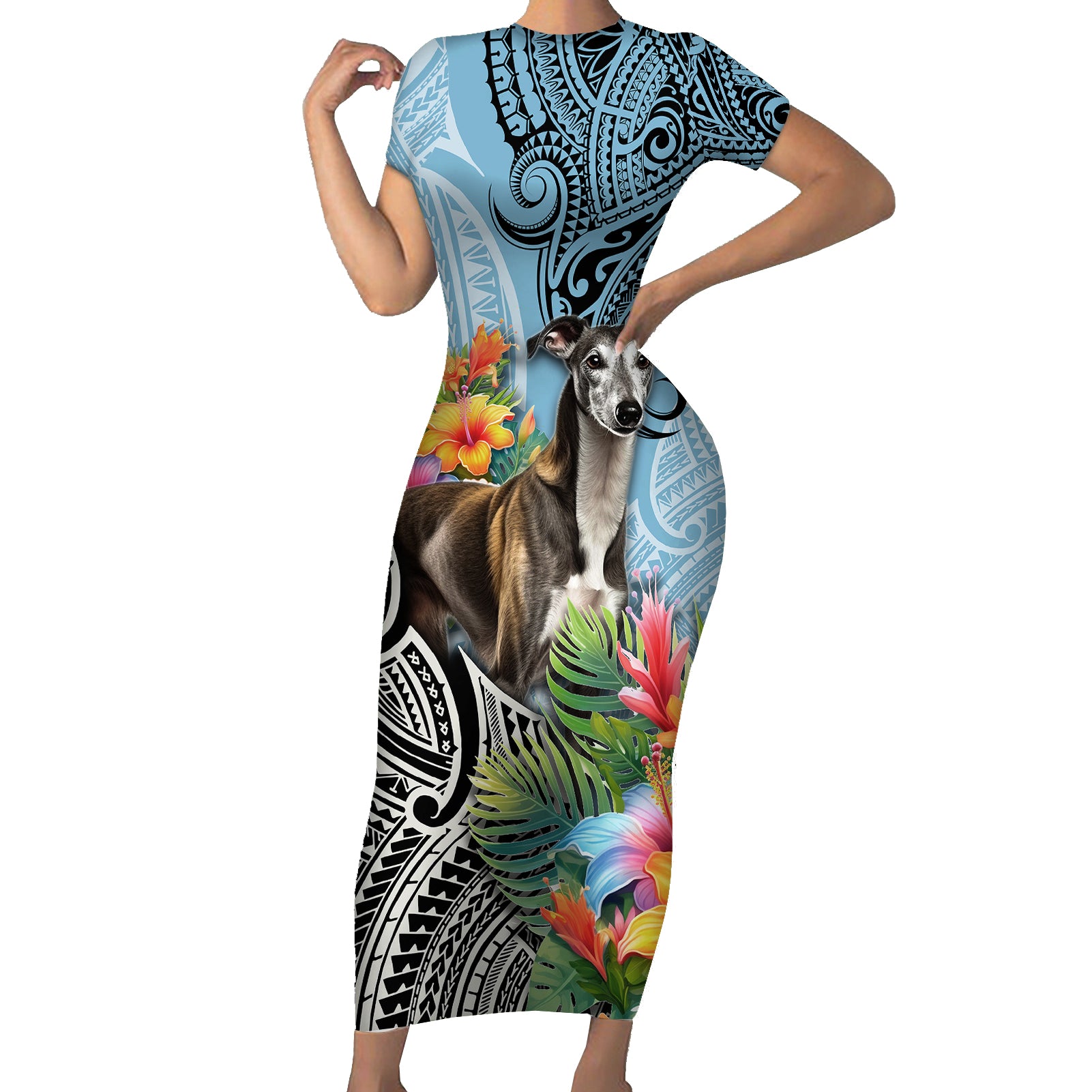 Polynesian Greyhound Short Sleeve Bodycon Dress Polynesian Pattern And Greyhound TS04 Long Dress Cyan - Polynesian Pride