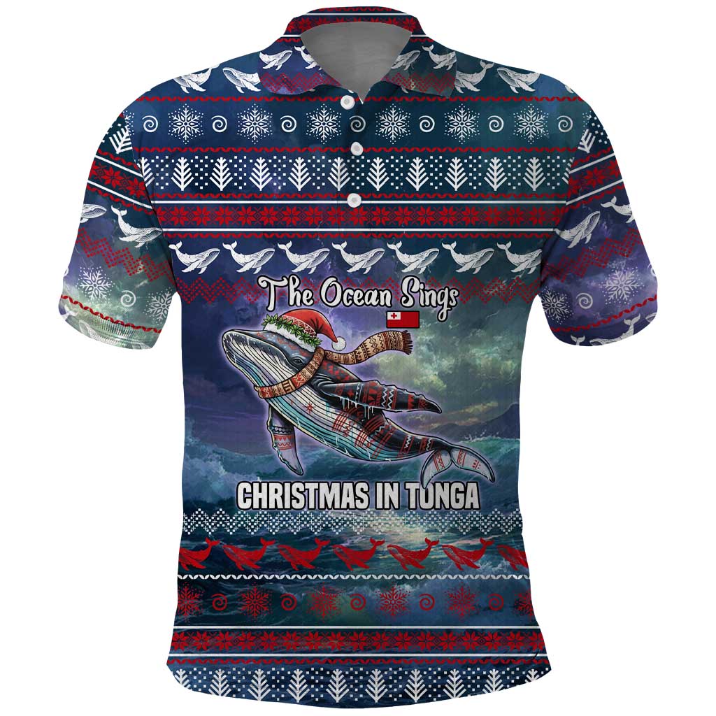 Tonga Christmas Polo Shirt with Singing Whale Ocean Scene National Coat of Arms TS04 Multicolor - Polynesian Pride