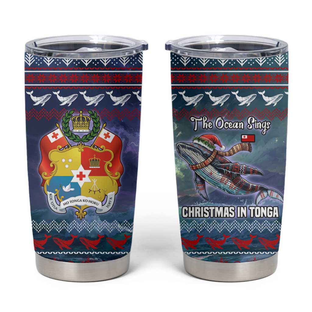 Tonga Christmas Tumbler Cup with Singing Whale Ocean Scene National Coat of Arms TS04 Multicolor - Polynesian Pride