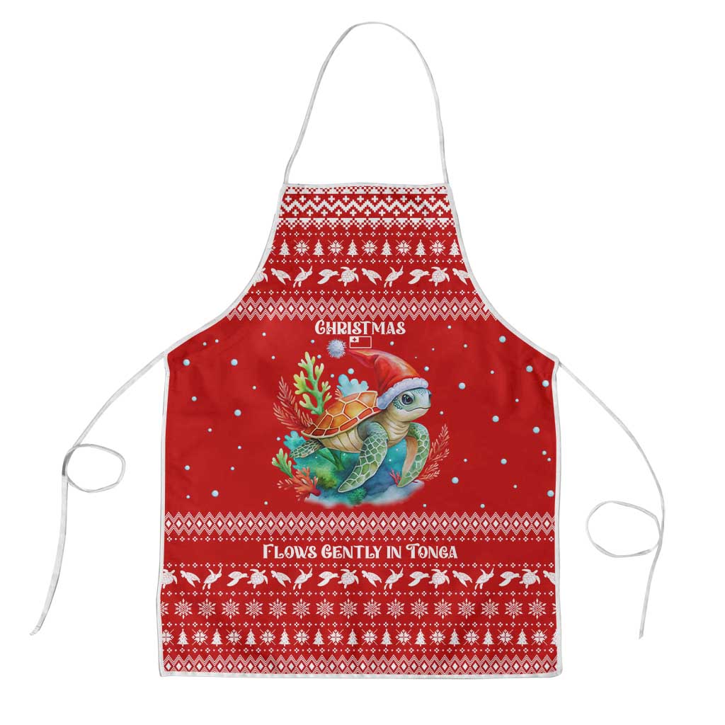 Tonga Christmas Apron with Sea Turtle Coral Reef Design Snowflake Pattern and National Emblem TS04 Red White - Polynesian Pride