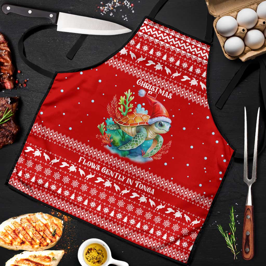 Tonga Christmas Apron with Sea Turtle Coral Reef Design Snowflake Pattern and National Emblem TS04 Red White - Polynesian Pride