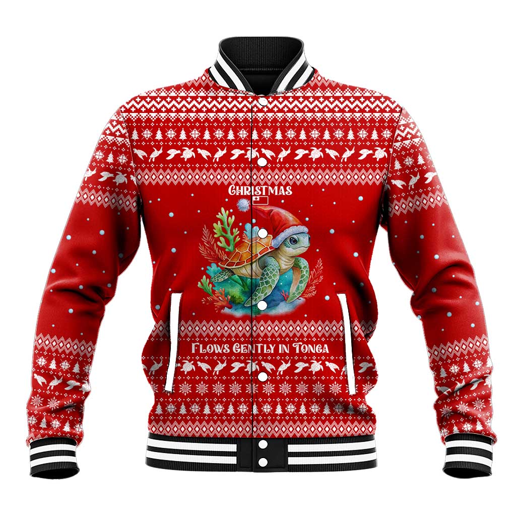 Tonga Christmas Baseball Jacket with Sea Turtle Coral Reef Design Snowflake Pattern and National Emblem TS04 Unisex Red White - Polynesian Pride