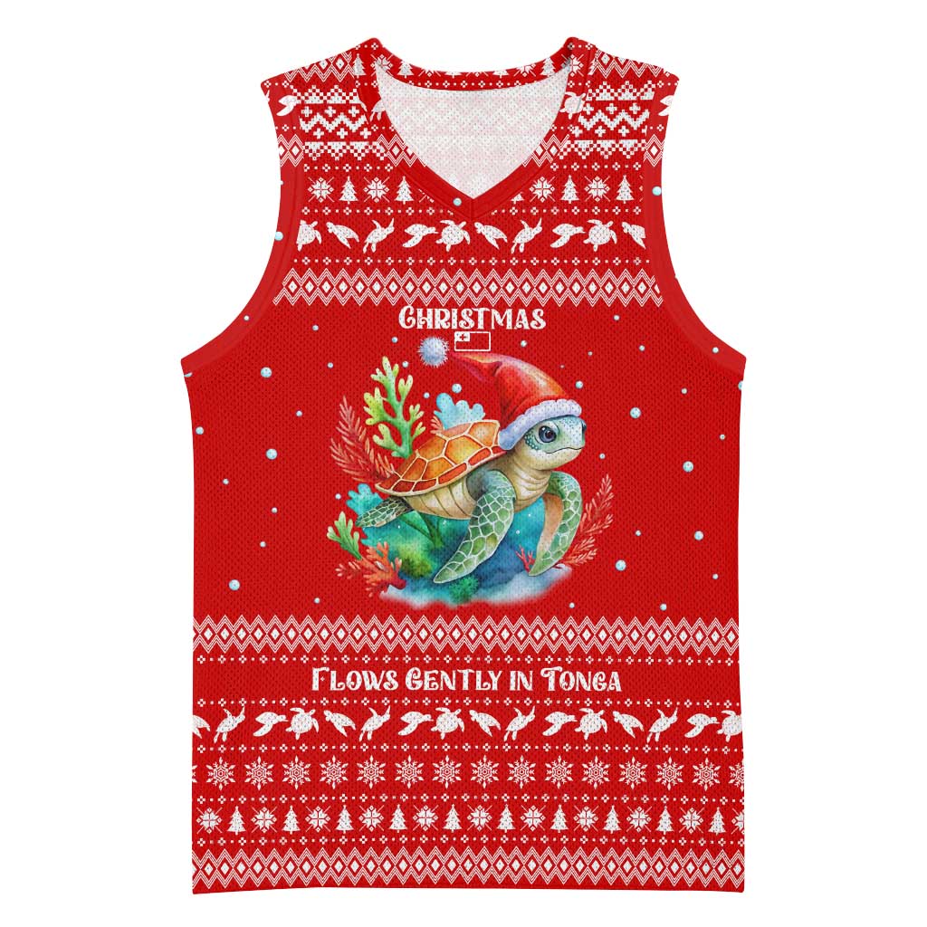 Tonga Christmas Basketball Jersey with Sea Turtle Coral Reef Design Snowflake Pattern and National Emblem TS04 Unisex Red White - Polynesian Pride