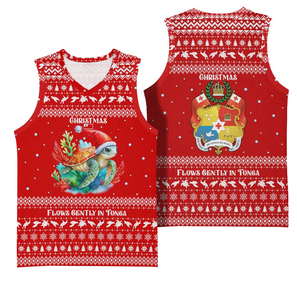 Tonga Christmas Basketball Jersey with Sea Turtle Coral Reef Design Snowflake Pattern and National Emblem TS04 - Polynesian Pride