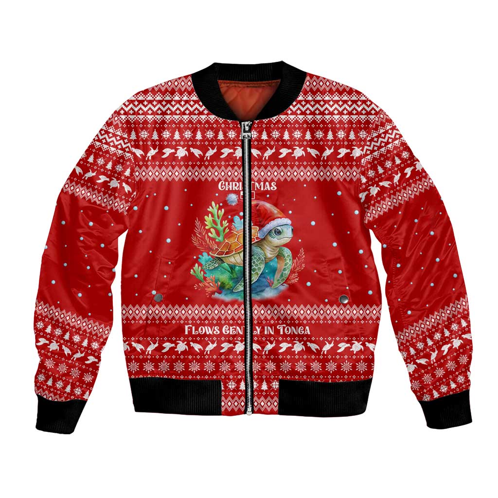 Tonga Christmas Bomber Jacket with Sea Turtle Coral Reef Design Snowflake Pattern and National Emblem TS04 Unisex Red White - Polynesian Pride