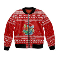 Tonga Christmas Bomber Jacket with Sea Turtle Coral Reef Design Snowflake Pattern and National Emblem TS04 Unisex Red White - Polynesian Pride