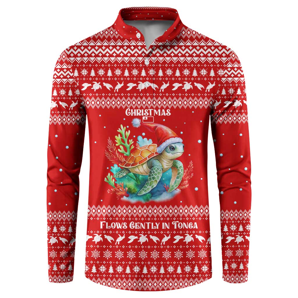 Tonga Christmas Button Sweatshirt with Sea Turtle Coral Reef Design Snowflake Pattern and National Emblem TS04 Red White - Polynesian Pride