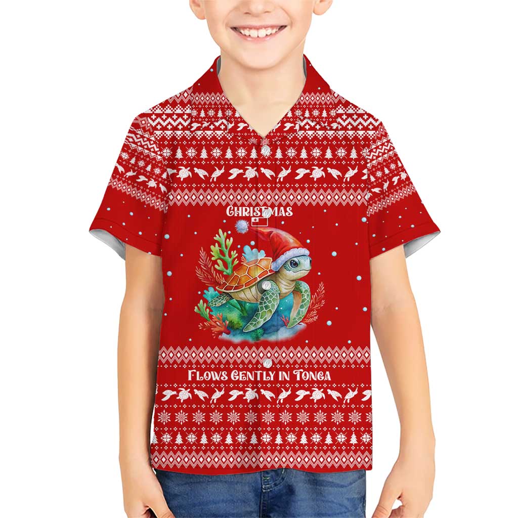 Tonga Christmas Kid Hawaiian Shirt with Sea Turtle Coral Reef Design Snowflake Pattern and National Emblem TS04 Kid Red White - Polynesian Pride