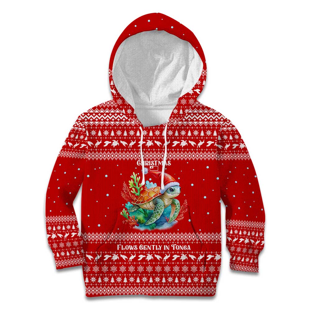 Tonga Christmas Kid Hoodie with Sea Turtle Coral Reef Design Snowflake Pattern and National Emblem TS04 Hoodie Red White - Polynesian Pride