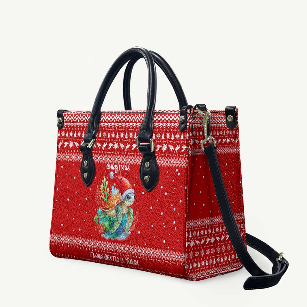 Tonga Christmas Leather Bag with Sea Turtle Coral Reef Design Snowflake Pattern and National Emblem TS04 Red White - Polynesian Pride