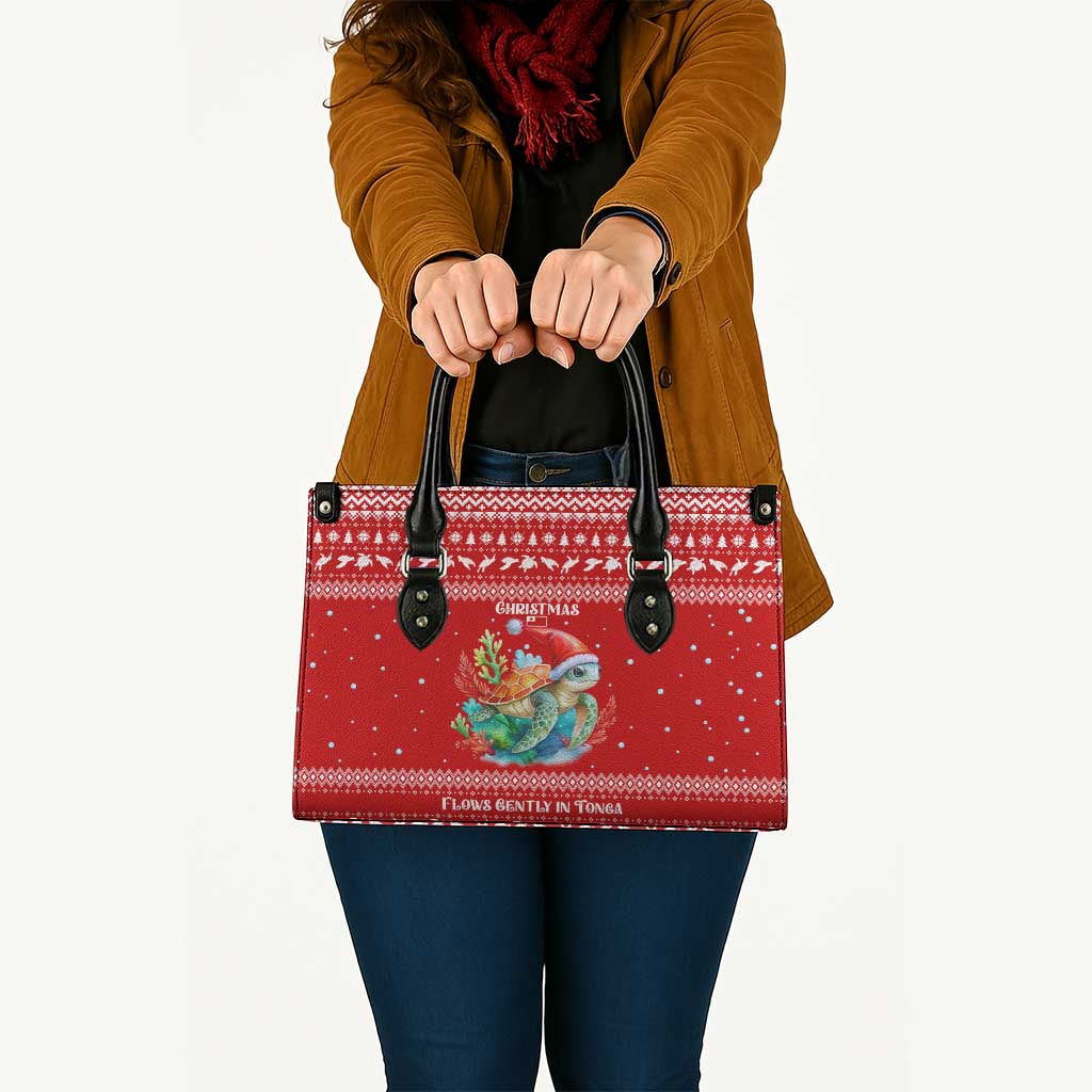 Tonga Christmas Leather Bag with Sea Turtle Coral Reef Design Snowflake Pattern and National Emblem TS04 - Polynesian Pride