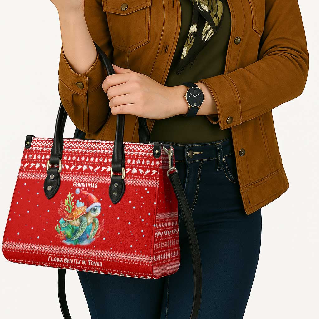 Tonga Christmas Leather Bag with Sea Turtle Coral Reef Design Snowflake Pattern and National Emblem TS04 - Polynesian Pride
