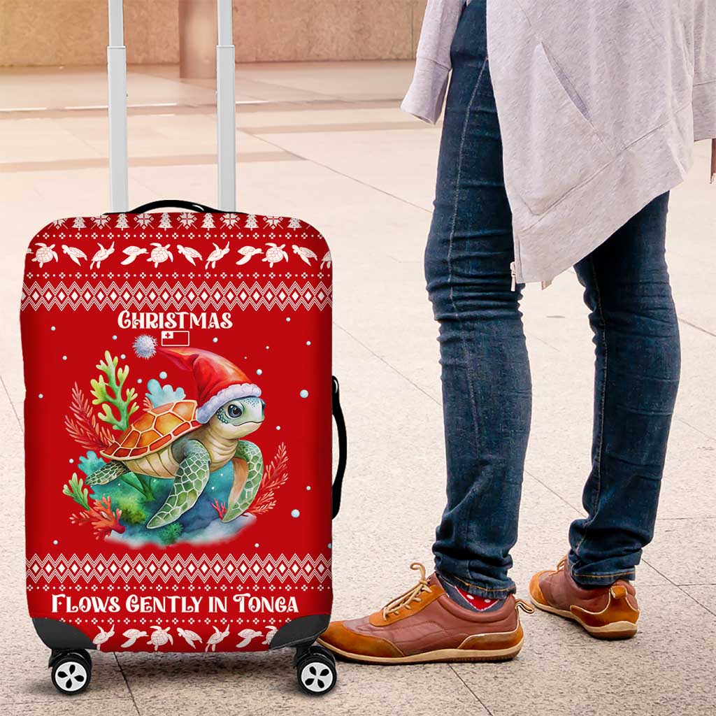 Tonga Christmas Luggage Cover with Sea Turtle Coral Reef Design Snowflake Pattern and National Emblem TS04 Red White - Polynesian Pride